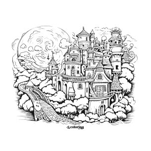 Whimsical Hidden Kingdom in the Sky Coloring Page